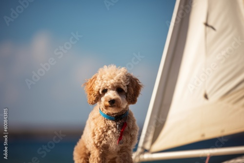 Environmental portrait photography of a curious poodle sailing on a sailboat against a beach background. With generative AI technology