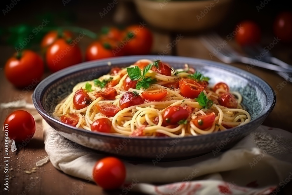 Spaghetti pasta with tomato sauce, mozzarella cheese and fresh basil in plate on white wooden background. Selective focus. Spaghetti pasta with tomato sauce, mozzarella cheese and fresh basil in plate on white wooden background. Selective focus.