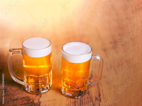 Beer glasses on a pub background. photo
