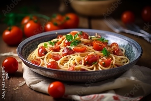 Spaghetti pasta with tomato sauce, mozzarella cheese and fresh basil in plate on white wooden background. Selective focus.