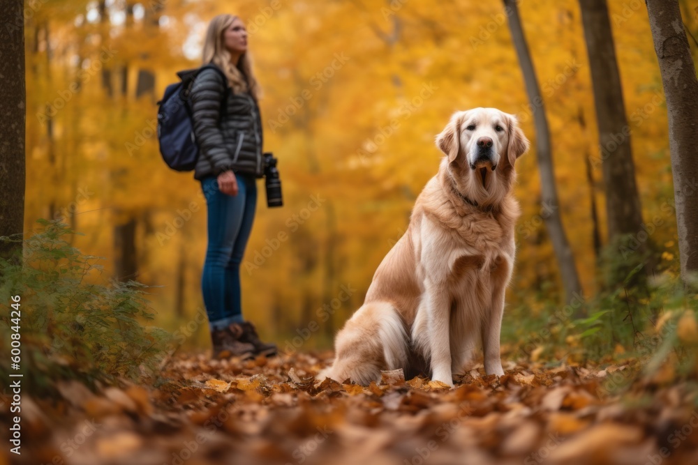 Full-length portrait photography of a curious golden retriever hiking with the owner against an autumn foliage background. With generative AI technology