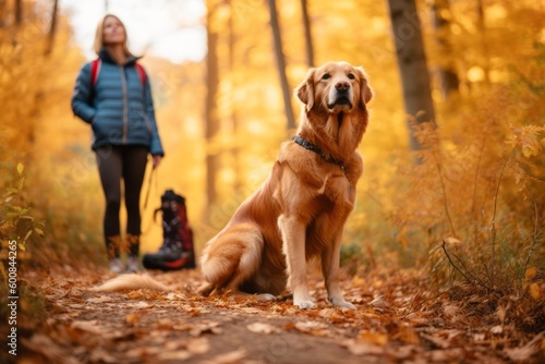 Full-length portrait photography of a curious golden retriever hiking with the owner against an autumn foliage background. With generative AI technology
