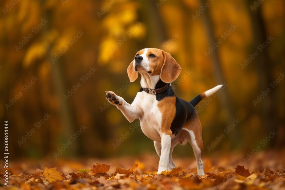 Full-length portrait photography of an aggressive beagle giving the paw against an autumn foliage background. With generative AI technology