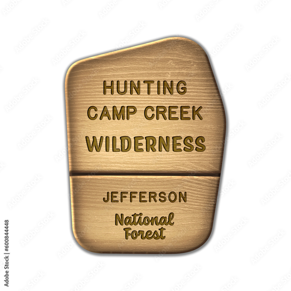 Hunting Camp Creek National Wilderness, Jefferson National Forest wood sign illustration on transparent background