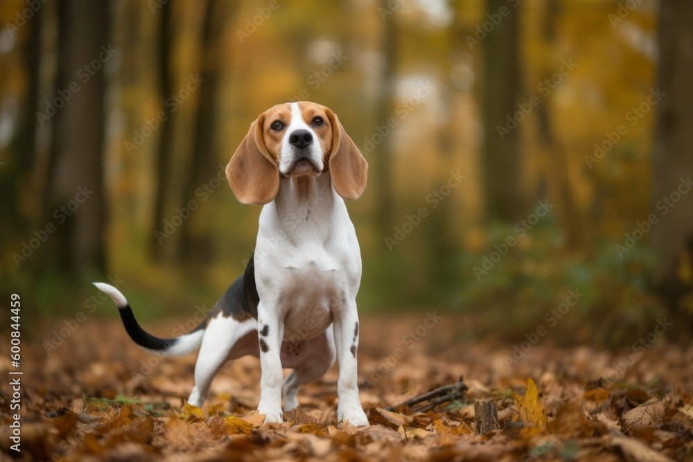 Full-length portrait photography of an aggressive beagle giving the paw against an autumn foliage background. With generative AI technology