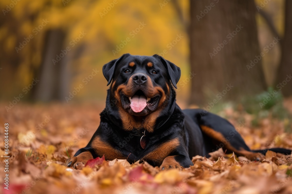 Group portrait photography of a happy rottweiler lying down against an autumn foliage background. With generative AI technology