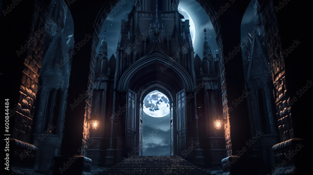 Dark academia style, boarding school in dark gothic castle, entrance gates with dark night and full moon behind, generative AI