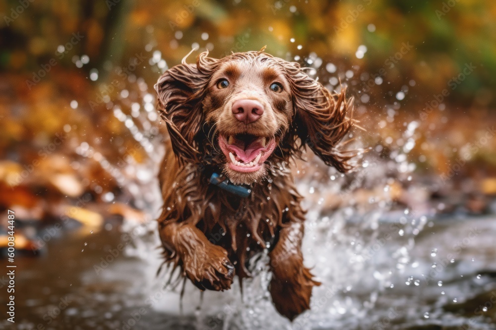 Lifestyle portrait photography of a happy cocker spaniel playing in the rain against an autumn foliage background. With generative AI technology