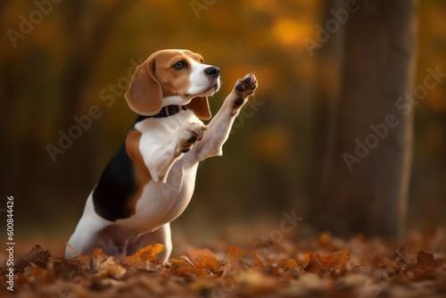 Full-length portrait photography of an aggressive beagle giving the paw against an autumn foliage background. With generative AI technology