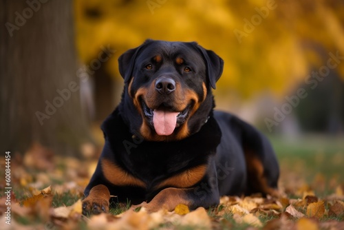 Group portrait photography of a happy rottweiler lying down against an autumn foliage background. With generative AI technology