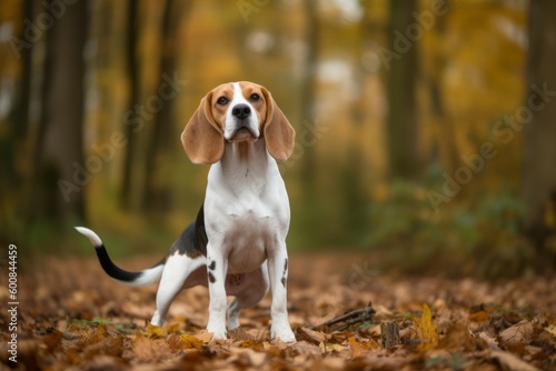 Full-length portrait photography of an aggressive beagle giving the paw against an autumn foliage background. With generative AI technology © Markus Schröder