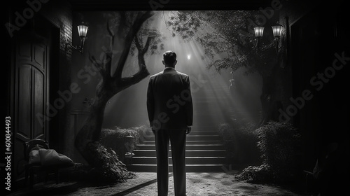 A tall man standing at the base of stairs in a dark alley in the night.