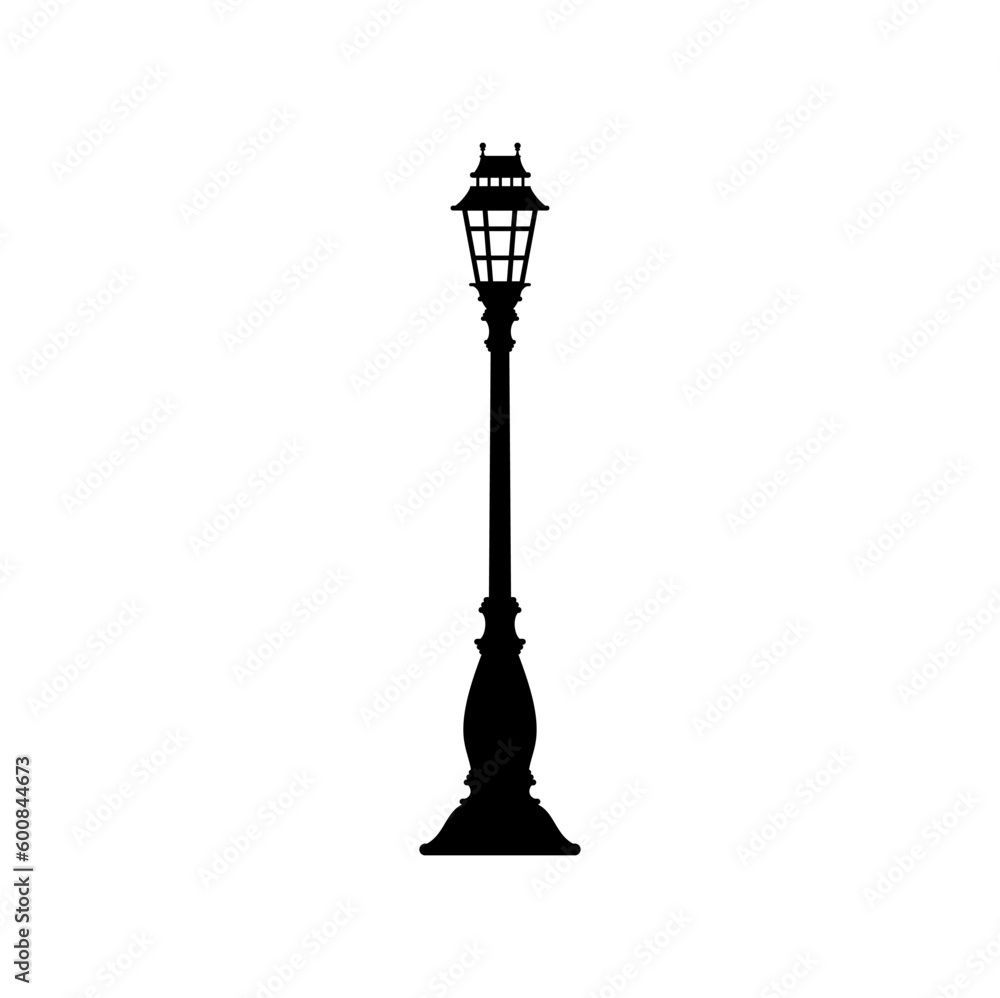 Exterior pole post with gas, halogen or led lamp on still pole, streetlamp lampost. Vector old streetlight pillar one lamp stand column