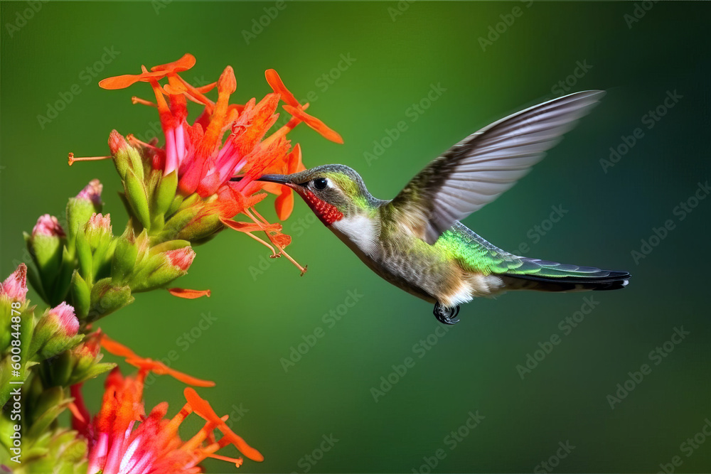 Fototapeta premium Image of hummingbird in flight feeding on flower nectar on natural background. Birds. illustration, generative AI