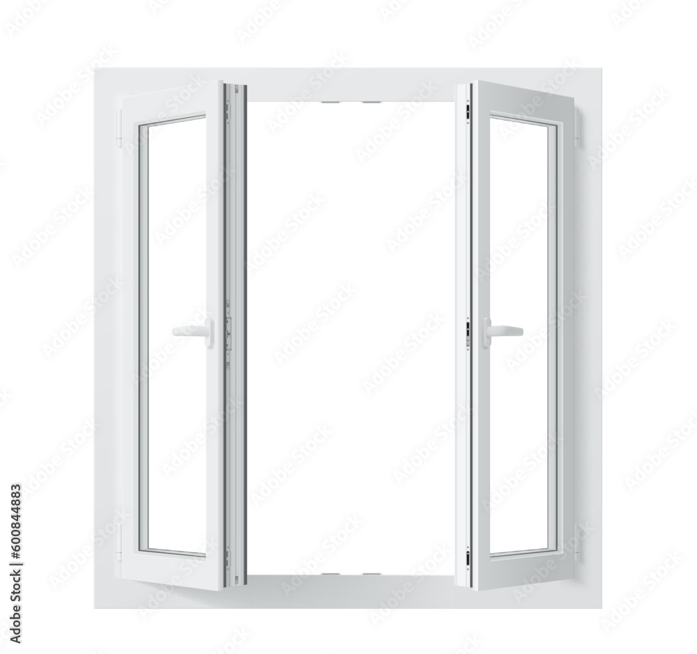 Realistic pvc window with clear glass panes, sturdy frame and smooth sliding mechanism for easy operation. Isolated 3d vector mockup of window with open sashes for modern homes or commercial buildings Realistic pvc window with clear glass panes, sturdy frame and smooth sliding mechanism for easy operation. Isolated 3d vector mockup of window with open sashes for modern homes or commercial buildings