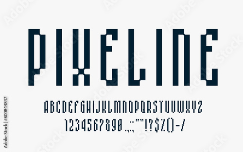 Modern pixel font, digital typeface, 8bit geometric alphabet, binary type. Alphabet pixelated letters and digits, vintage electronic font or English ABC retro game vector figures and numbers typeset