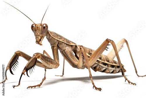 Image of brown giant praying mantis on white background. Insect. Animals. Illustration, Generative AI. photo