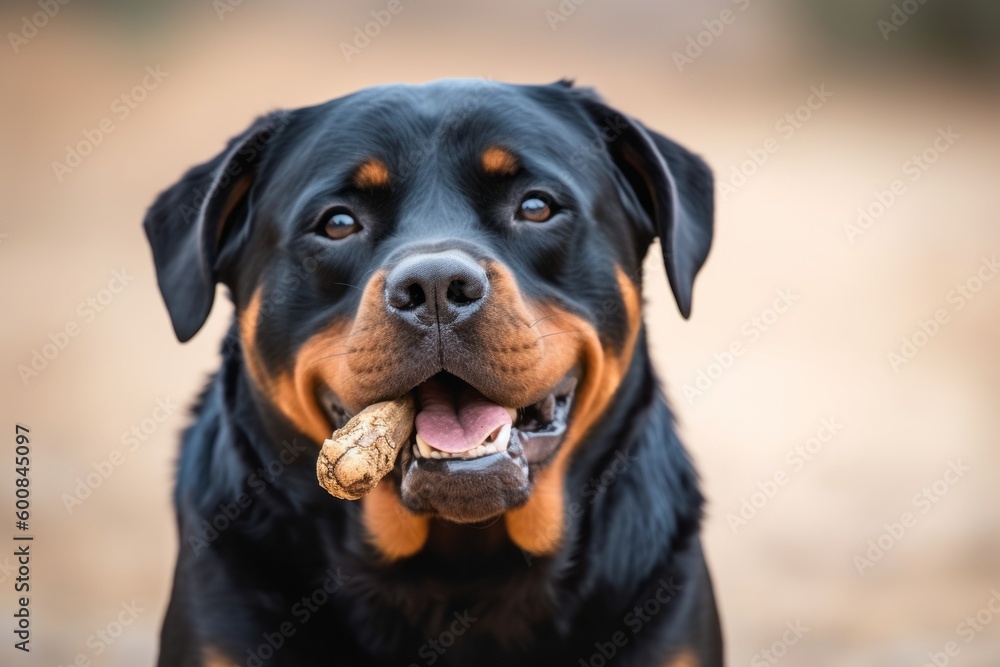 Environmental portrait photography of a curious rottweiler playing with a bone-shaped toy against a pastel or soft colors background. With generative AI technology