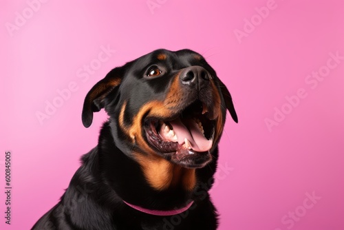 Medium shot portrait photography of a happy rottweiler wearing a medal against a pastel or soft colors background. With generative AI technology