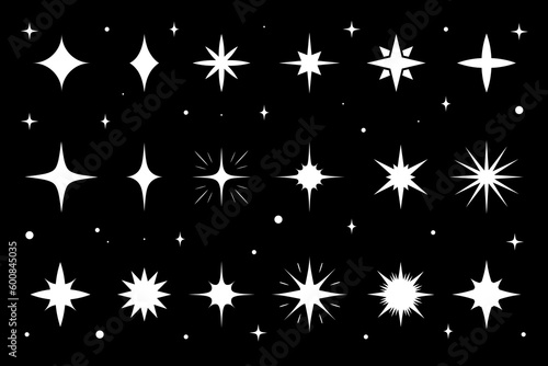 Twinkle, star sparkle. Star burst and star flash white silhouettes. Isolated vector set of shining lights and sparks. Simple bright stars with glowing rays and flare effect. Magic glint, shiny glitter