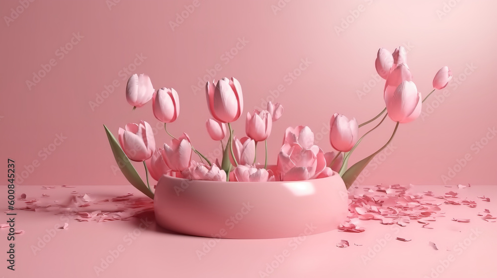 Pink 3d podium on stone background with sakura pink flower. Generative ai Pink 3d podium on stone background with sakura pink flower. Generative ai