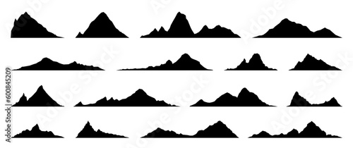 Black hill, rock and mountain isolated silhouettes. Relief contour, mountain range peaks or nature terrain environment vector border with alpine tops, hills silhouettes collection