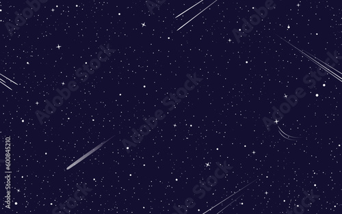 Dark blue starry space seamless pattern. Wrapping paper backdrop, outer space fabric vector print, galaxy stars and comets wallpaper seamless background or pattern with night dark blue sky