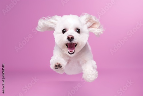 Studio portrait photography of an aggressive bichon frise running against a pastel or soft colors background. With generative AI technology
