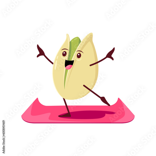 Cartoon pistachio happy nut character on yoga or fitness sport. Vector healthy seed standing in yoga asana pose. Funny smiling personage doing pilates, stretching, wellness classes or mind zen balance