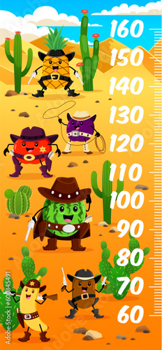 Kids height chart ruler, cartoon western cowboy, sheriff and robber fruits characters. Vector growth meter, wild west wall sticker scale with plum, kiwi, watermelon or apple, banana and pineapple