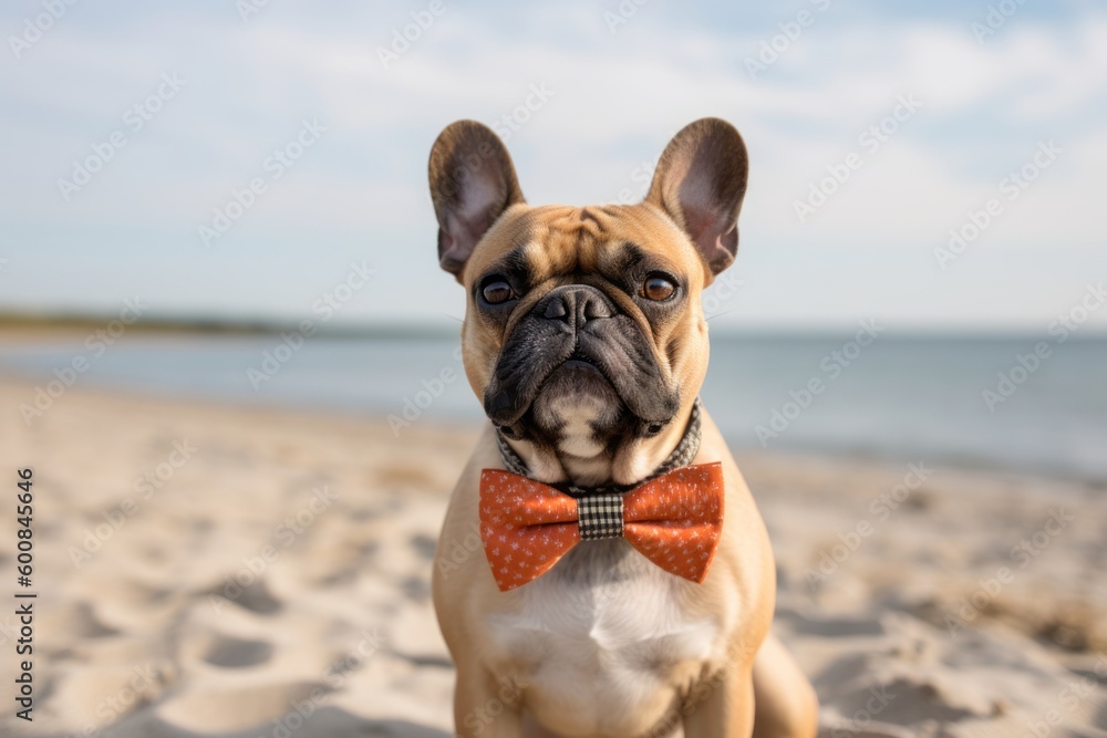 Medium shot portrait photography of an aggressive french bulldog wearing a bow tie against dog-friendly beaches background. With generative AI technology
