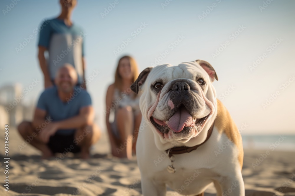 Conceptual portrait photography of a happy bulldog posing with a family against dog-friendly beaches background. With generative AI technology