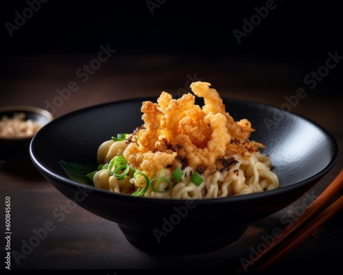 udon noodles with crispy tempura flakes and green onion garnish