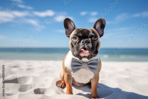 Medium shot portrait photography of an aggressive french bulldog wearing a bow tie against dog-friendly beaches background. With generative AI technology © Markus Schröder