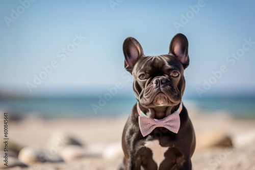 Medium shot portrait photography of an aggressive french bulldog wearing a bow tie against dog-friendly beaches background. With generative AI technology