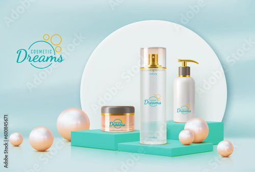 Turquoise podium with pearls. Vector beauty and make up product realistic bottles on pedestal with scatter pink glossy spheres. Promo advertising banner with cream jar, pump tube and spray mockup