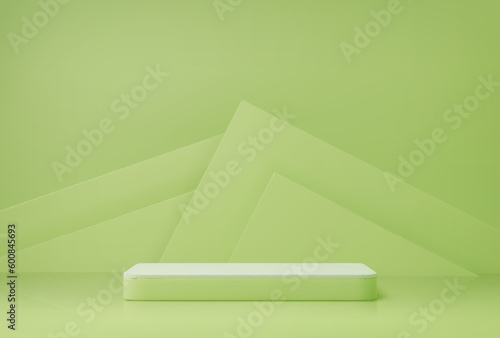 Pistachio color cosmetics podium realistic 3d vector mockup. Green platform or pedestal for product presentation in studio. Background with rectangular stand for displaying cosmetics. Showcase mock up