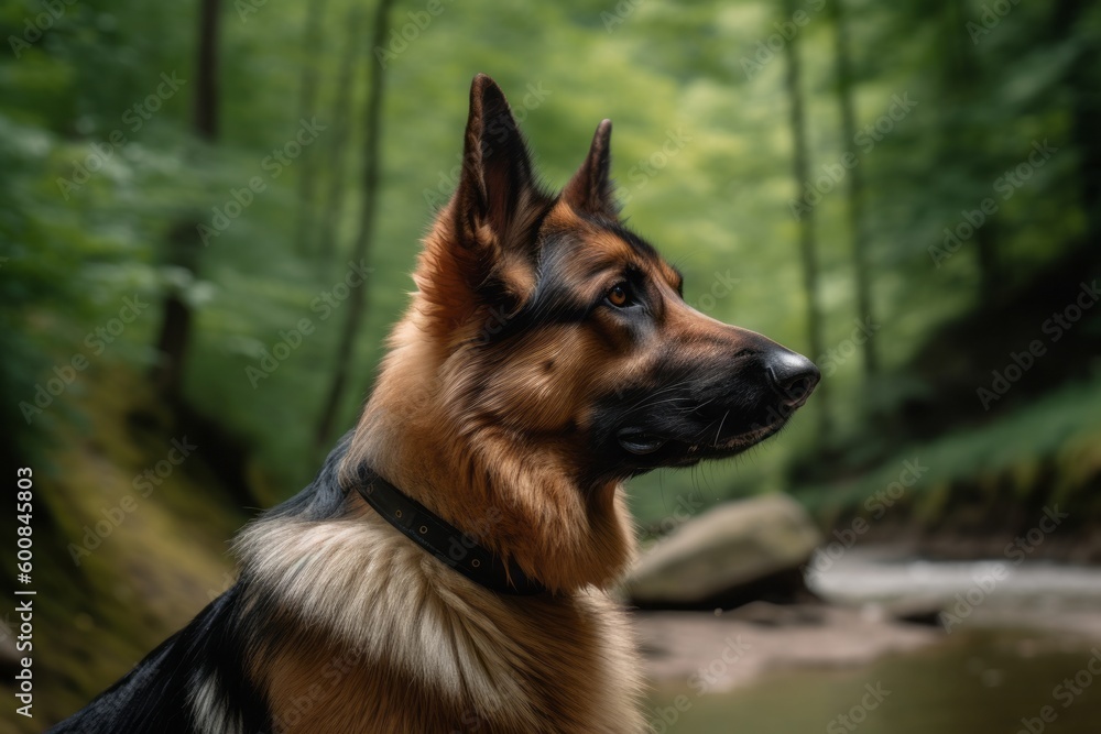 Naklejka premium Environmental portrait photography of a curious german shepherd being at a spa against hiking trails background. With generative AI technology