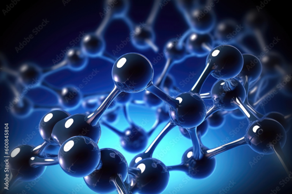 Molecular structure with connections between atoms on abstract background, macro shot. Scientific research in molecular chemistry. Created with Generative AI