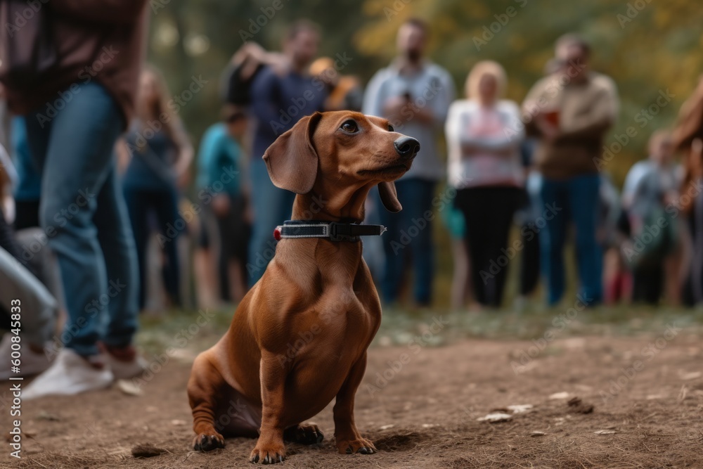 Full-length portrait photography of a curious dachshund being at a concert against hiking trails background. With generative AI technology Full-length portrait photography of a curious dachshund being at a concert against hiking trails background. With generative AI technology
