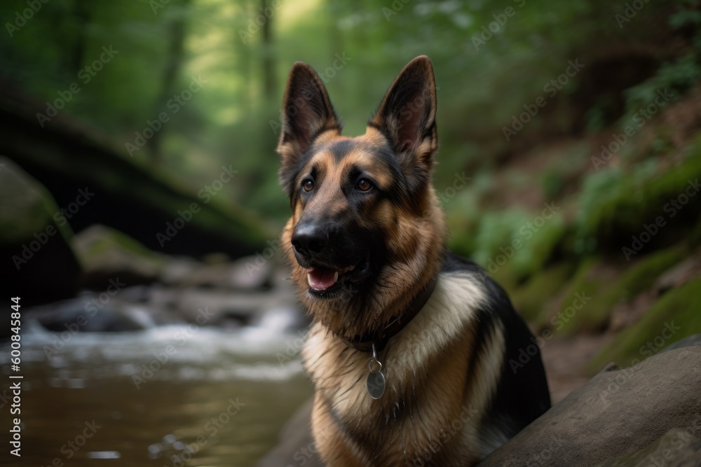 Environmental portrait photography of a curious german shepherd being at a spa against hiking trails background. With generative AI technology Environmental portrait photography of a curious german shepherd being at a spa against hiking trails background. With generative AI technology