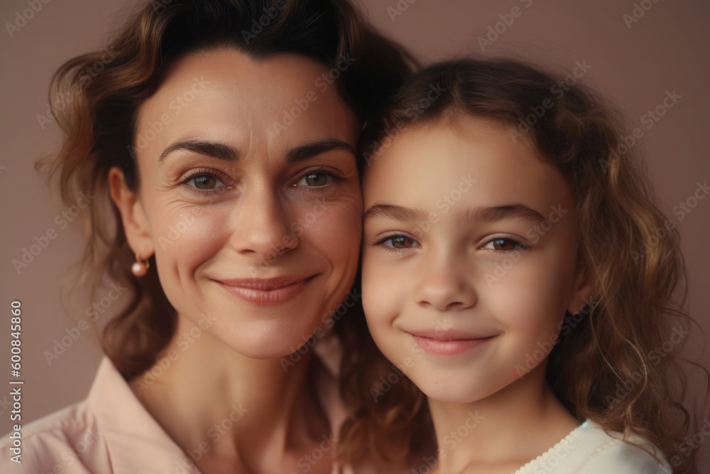 Cheerful woman and young girl looking at camera. Mother and daughter portrait on pink background. Good relationship between mom and child in the family. Created with Generative AI Cheerful woman and young girl looking at camera. Mother and daughter portrait on pink background. Good relationship between mom and child in the family. Created with Generative AI