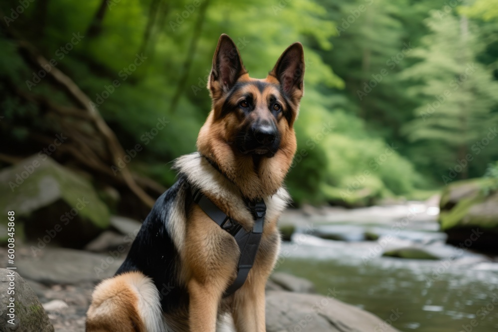 Environmental portrait photography of a curious german shepherd being at a spa against hiking trails background. With generative AI technology Environmental portrait photography of a curious german shepherd being at a spa against hiking trails background. With generative AI technology