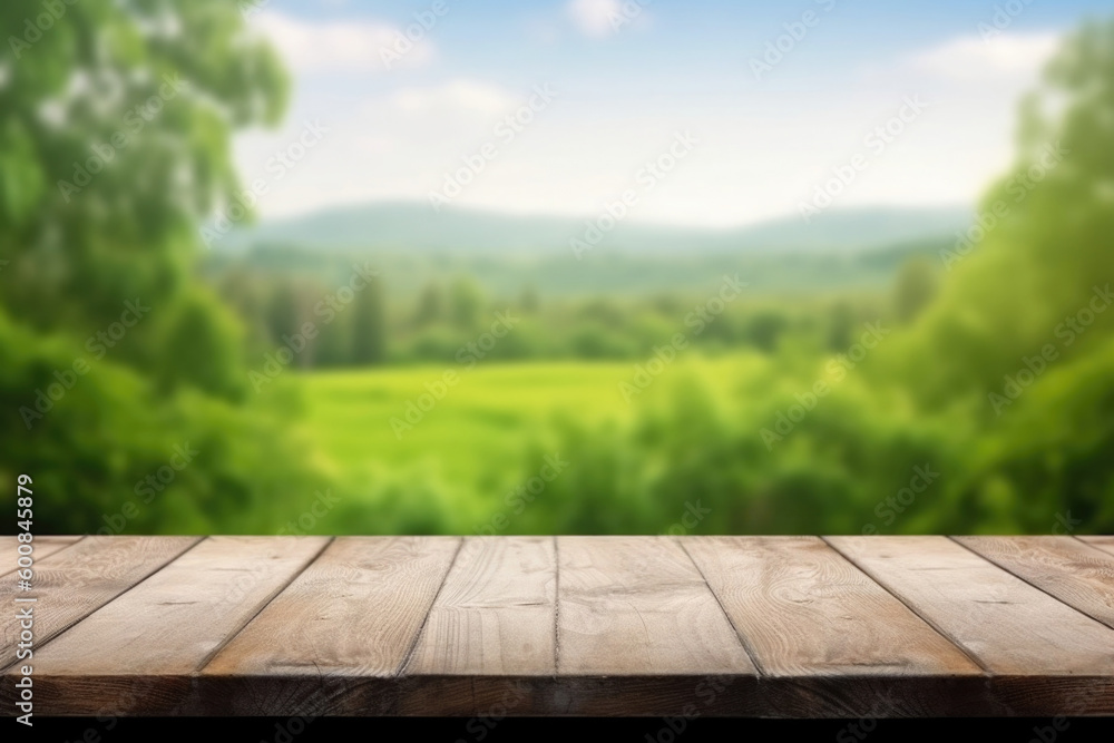 Empty wooden table with blurred natural green background. Wooden planks with space for product design. Created with Generative AI Empty wooden table with blurred natural green background. Wooden planks with space for product design. Created with Generative AI