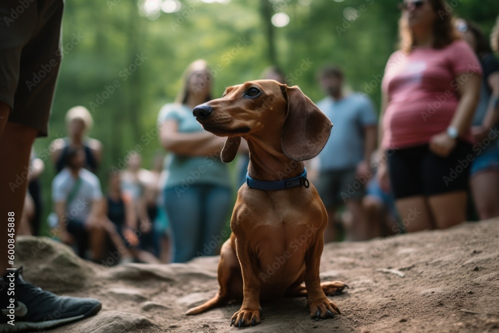 Full-length portrait photography of a curious dachshund being at a concert against hiking trails background. With generative AI technology