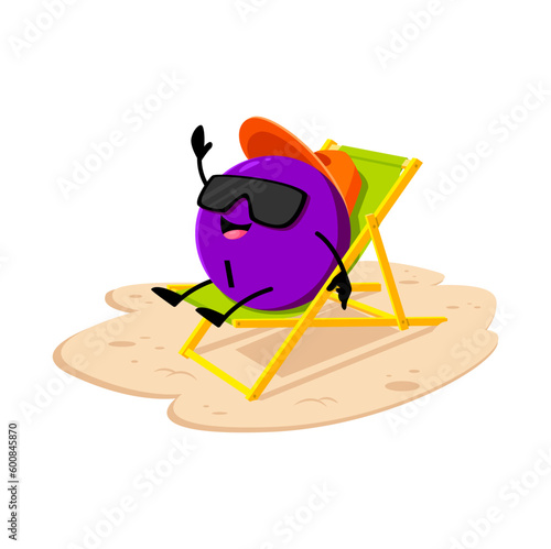 Cartoon iodine micronutrient character sunbathing on the beach. Vector I vitamin capsule lying on deck chair. Isolated cheerful nutrient personage rest on summer beach during vacation recreation
