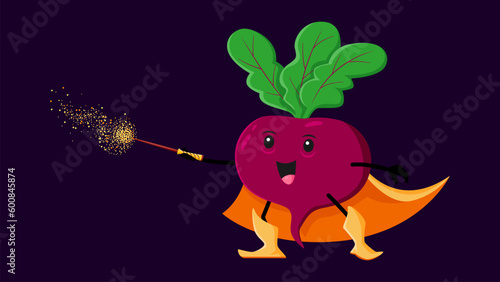 Cartoon Halloween beet vegetable wizard, witch and mage character. Funny vector veggies wiz casting spell with magic stick. Radish sorcerer healthy vitamin food personage for kids menu, book or game