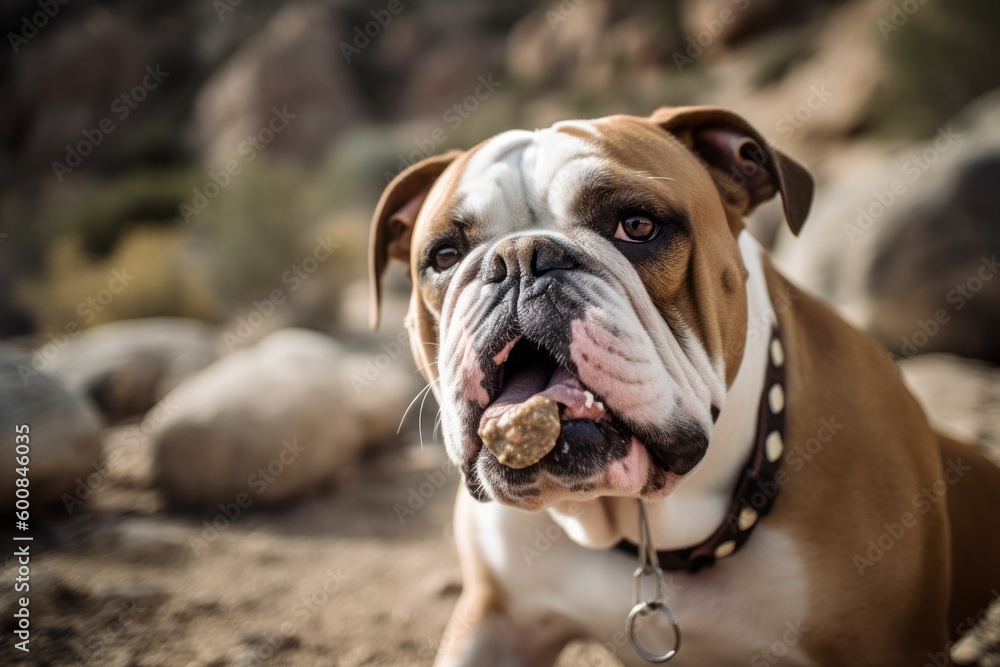 Group portrait photography of a curious bulldog holding a dog treat in its mouth against national parks background. With generative AI technology
