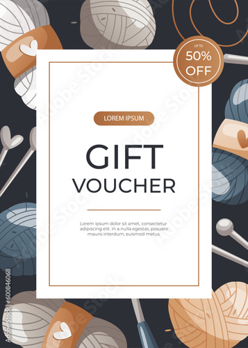 Promo gift voucher flyer with balls of wool, needles, crochet hook. Skein of yarn.Tools, equipment for knitwork, handicraft. Handmade needlework, hobby. Knitting studio A4 vector for poster, banner