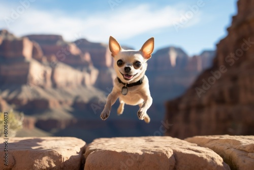 Medium shot portrait photography of a happy chihuahua jumping over an obstacle against national parks background. With generative AI technology
